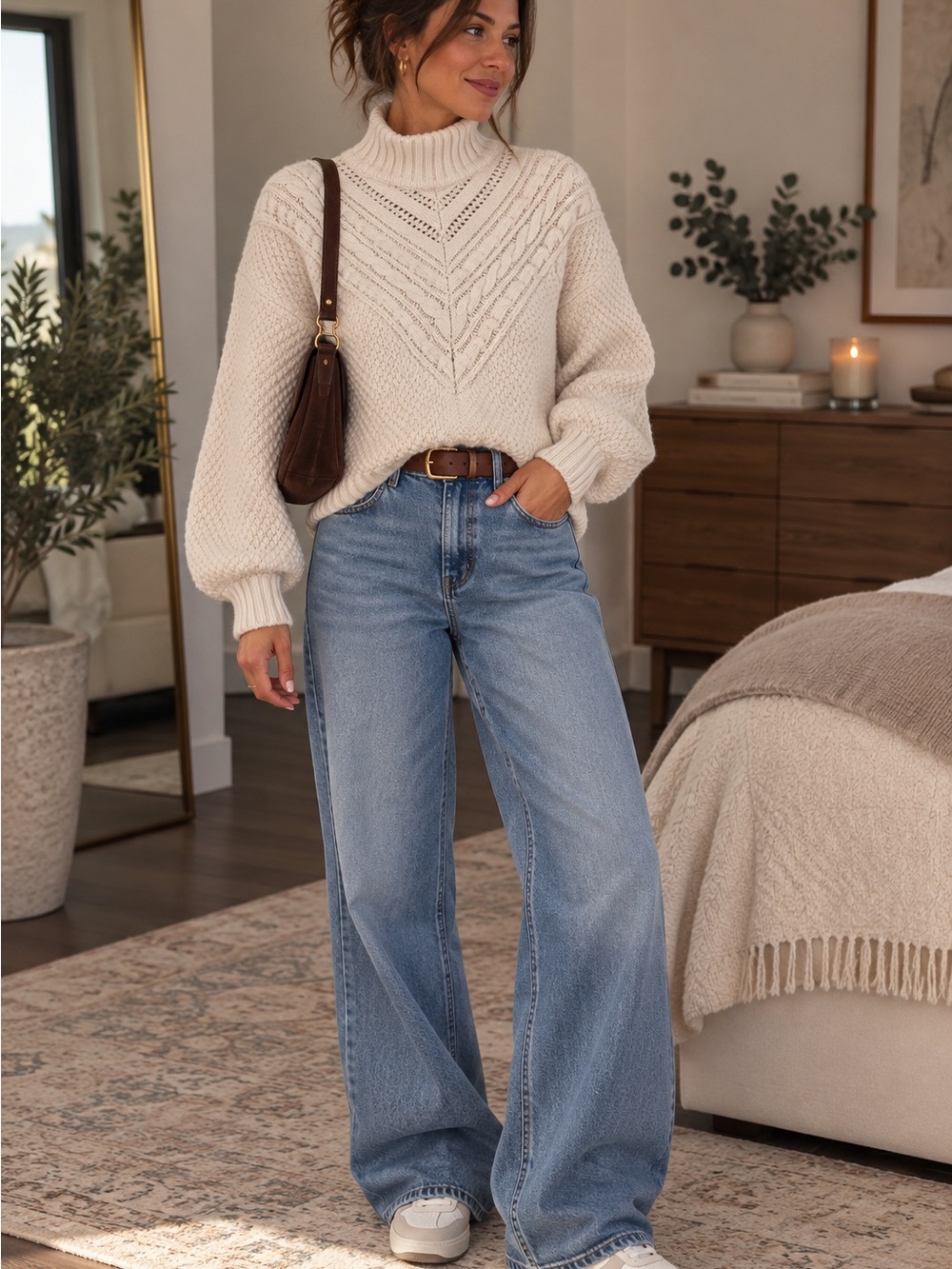 Splendid M Cream Cable Knit Turtleneck Sweater Cotton Wool Fisherman Aran Chunky